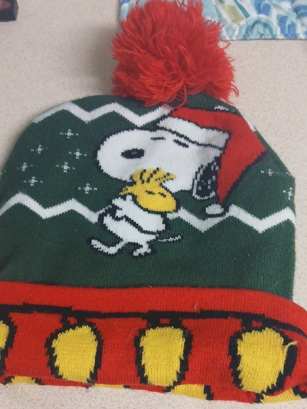 Peanuts Green & Red Knit Beanie with Red Accent Pom